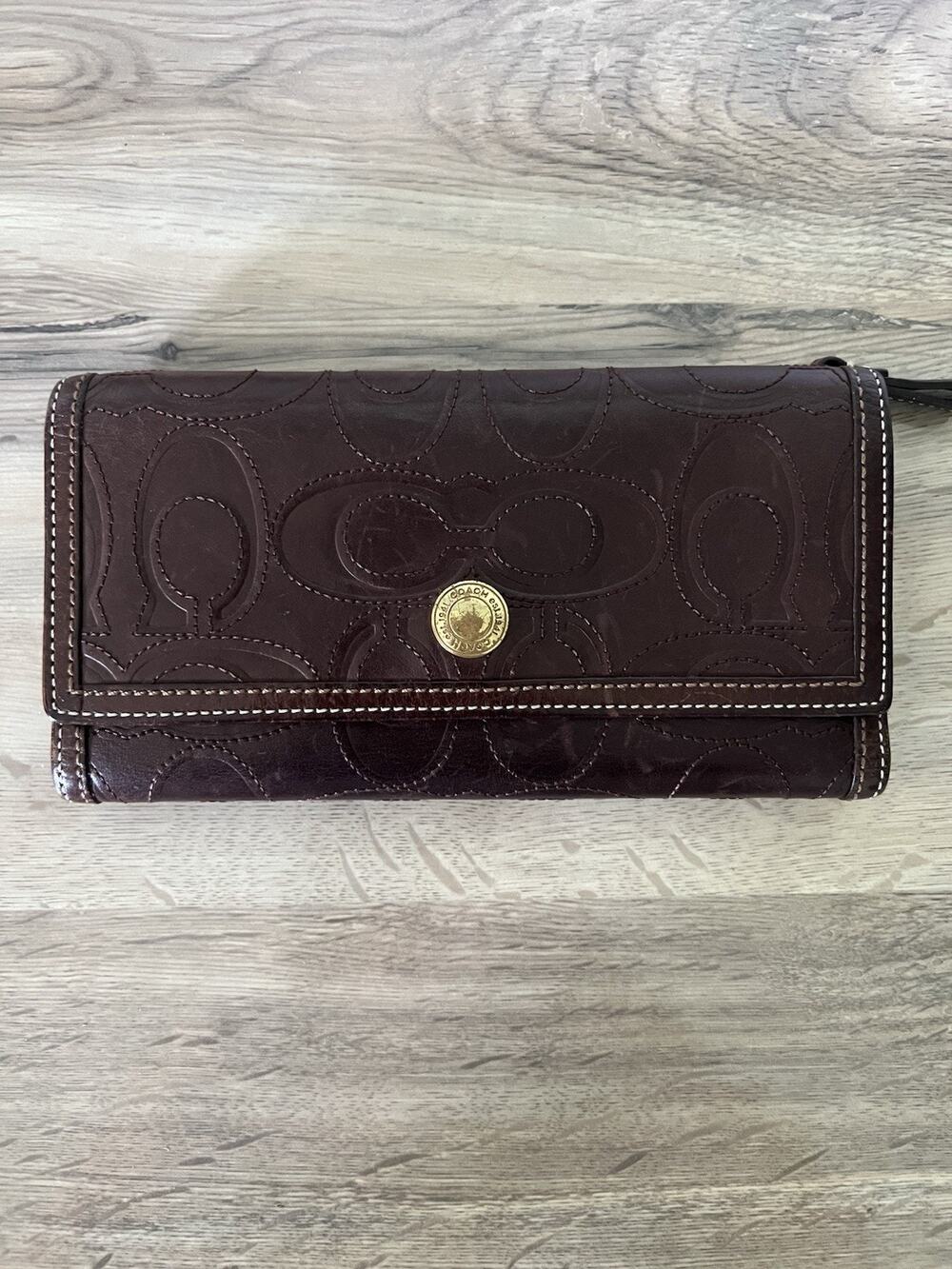 Coach Brown Leather C Monogram Stitched Continental Long Wallet Checkbook